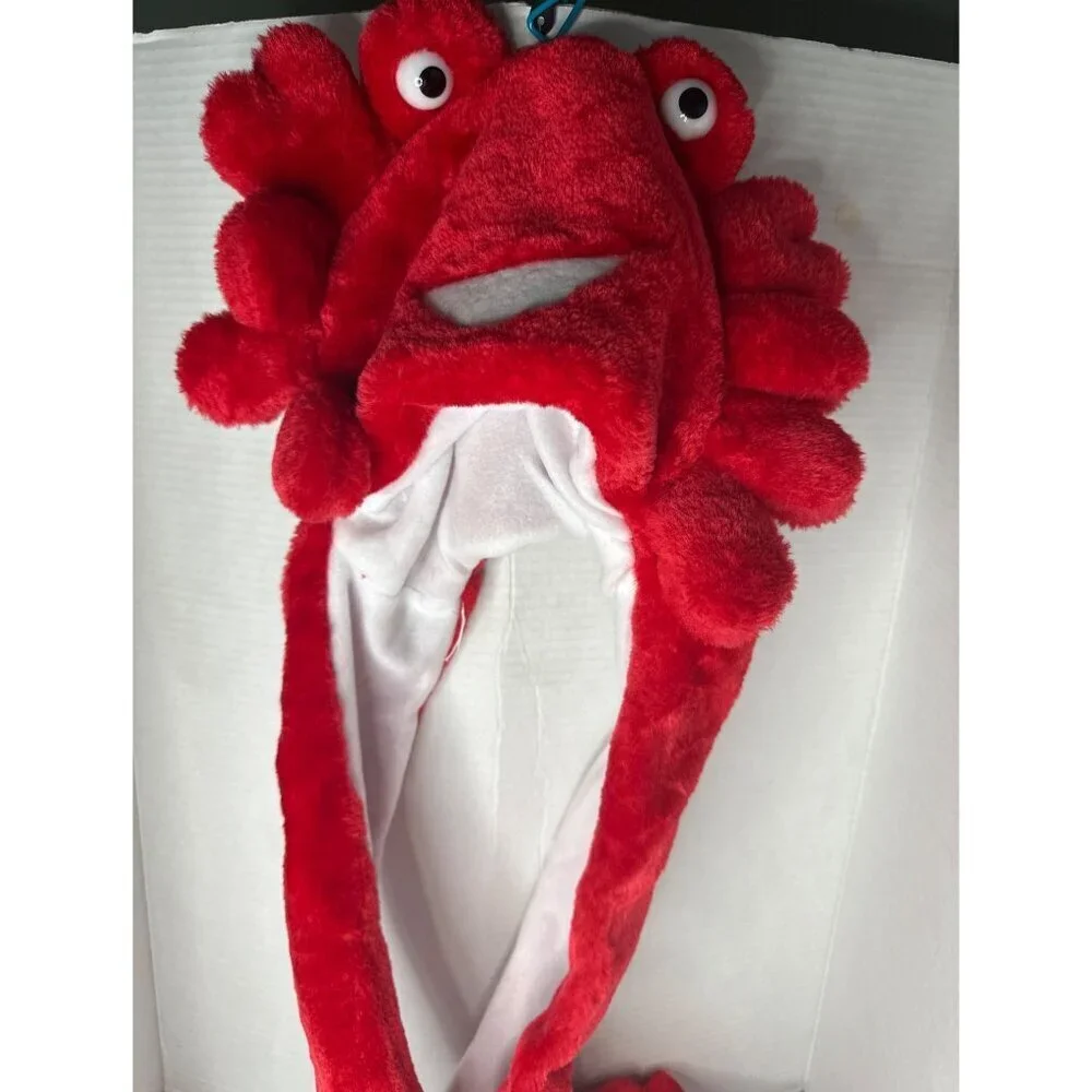 Red Crab Plush Hat Ear Flaps with Arm-Length Attached Mitten Winter fall costume